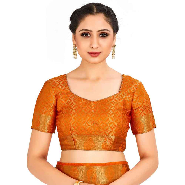 Mimosa Orange Kanjivaram Style Art Silk Saree With Unstitched Blouse