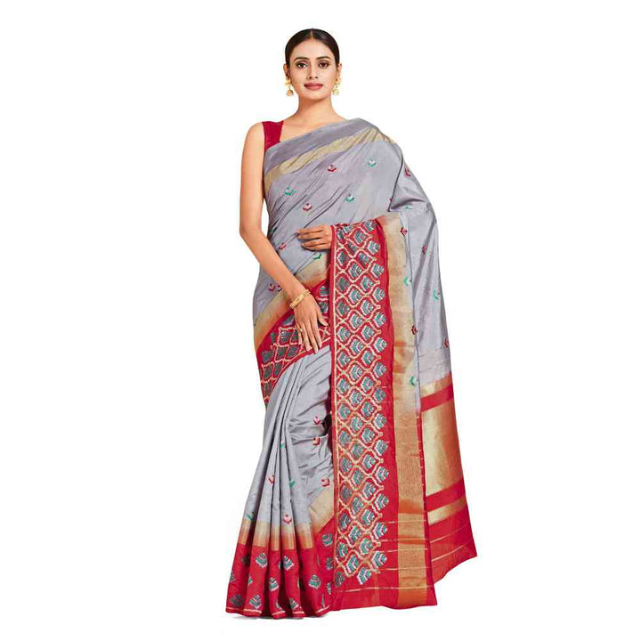 Mimosa Grey Kanjivaram Style Art Silk Saree  With Unstitched Blouse