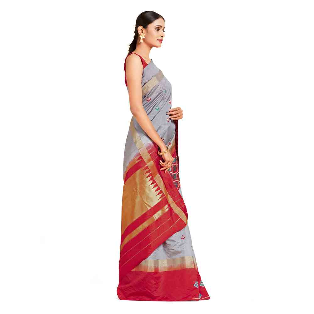 Mimosa Grey Kanjivaram Style Art Silk Saree  With Unstitched Blouse