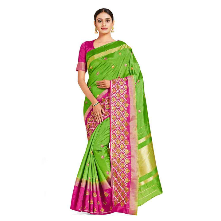 Mimosa Green Kanjivaram Style Art Silk Saree  With Unstitched Blouse