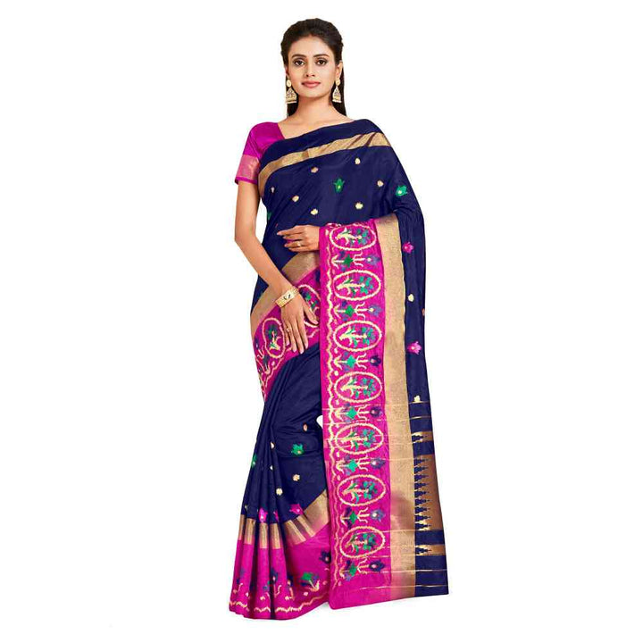 Mimosa Navy Blue Kanjivaram Style Art Silk Saree  With Unstitched Blouse