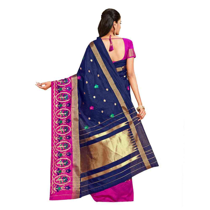 Mimosa Navy Blue Kanjivaram Style Art Silk Saree  With Unstitched Blouse