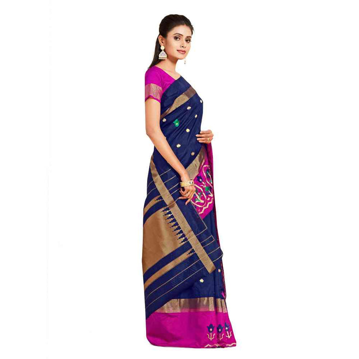 Mimosa Navy Blue Kanjivaram Style Art Silk Saree  With Unstitched Blouse