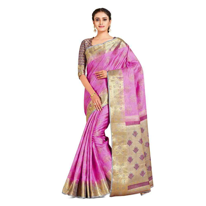 Mimosa Pink Kanjivaram Style Art Silk Saree  With Unstitched Blouse