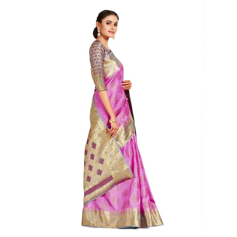 Mimosa Pink Kanjivaram Style Art Silk Saree  With Unstitched Blouse