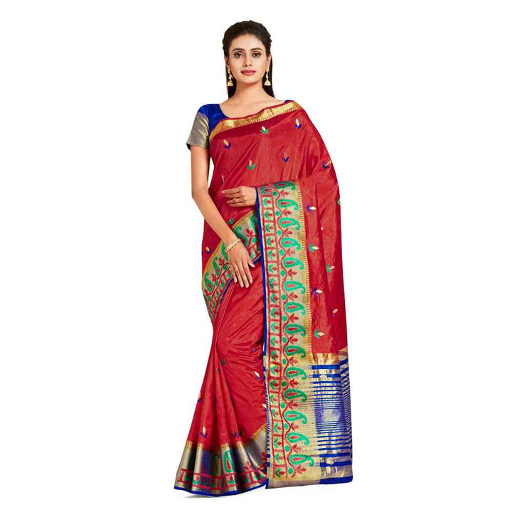 Mimosa Red Kanjivaram Style Art Silk Saree  With Unstitched Blouse