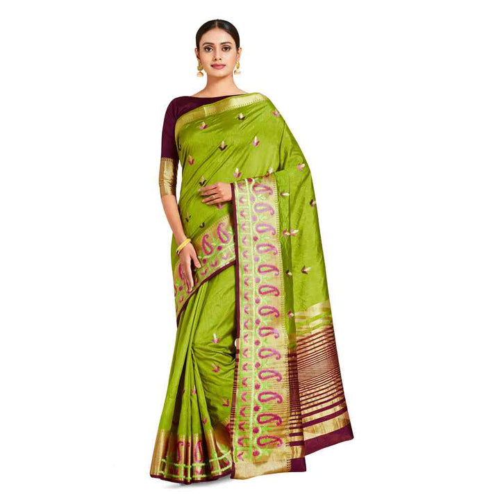 Mimosa Green Kanjivaram Style Art Silk Saree  With Unstitched Blouse