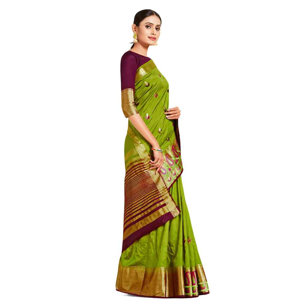 Mimosa Green Kanjivaram Style Art Silk Saree  With Unstitched Blouse