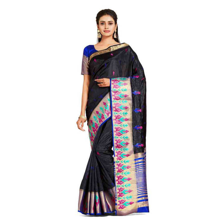 Mimosa Black Kanjivaram Style Art Silk Saree  With Unstitched Blouse