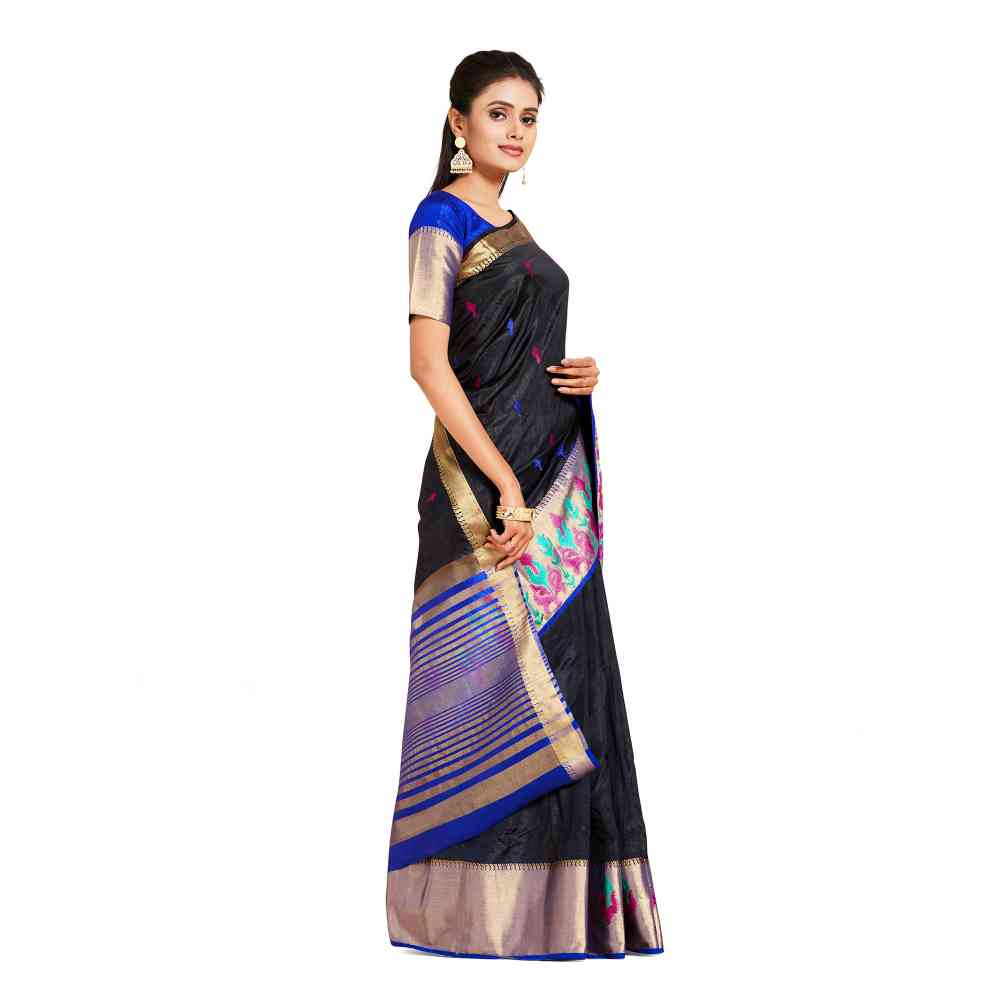 Mimosa Black Kanjivaram Style Art Silk Saree  With Unstitched Blouse