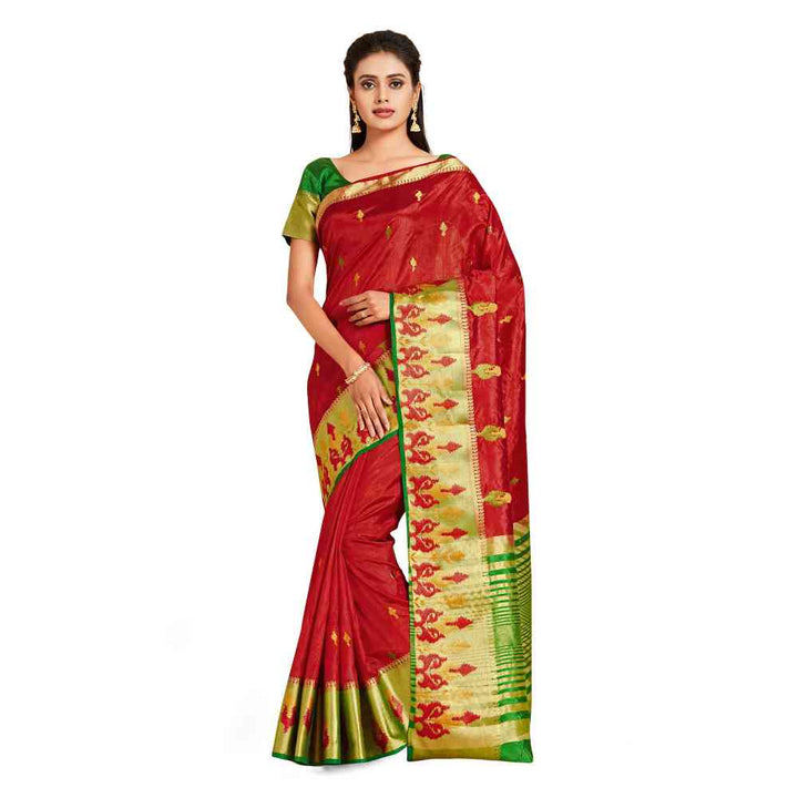 Mimosa Red Kanjivaram Style Art Silk Saree  With Unstitched Blouse