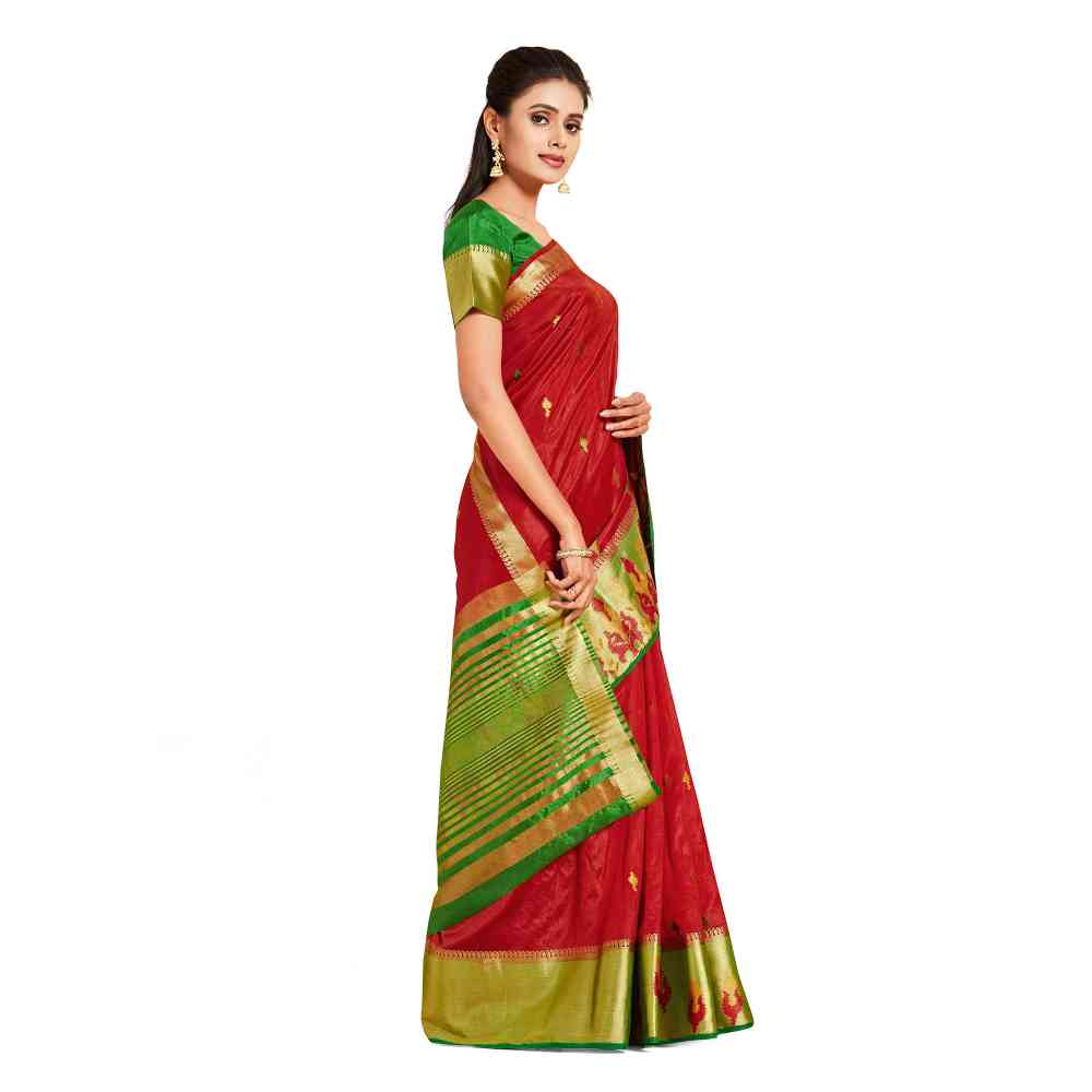 Mimosa Red Kanjivaram Style Art Silk Saree  With Unstitched Blouse