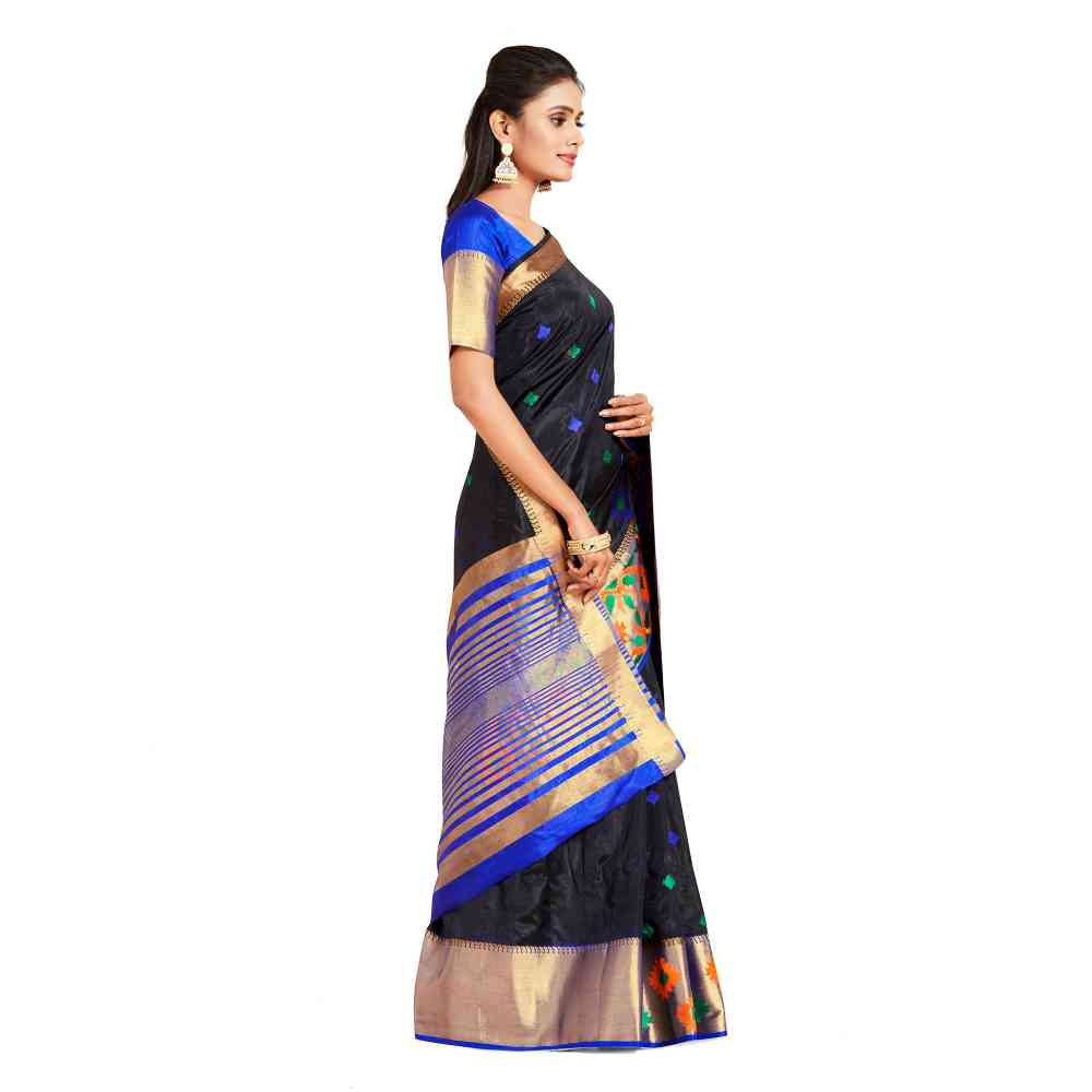 Mimosa Black Kanjivaram Style Art Silk Saree  With Unstitched Blouse