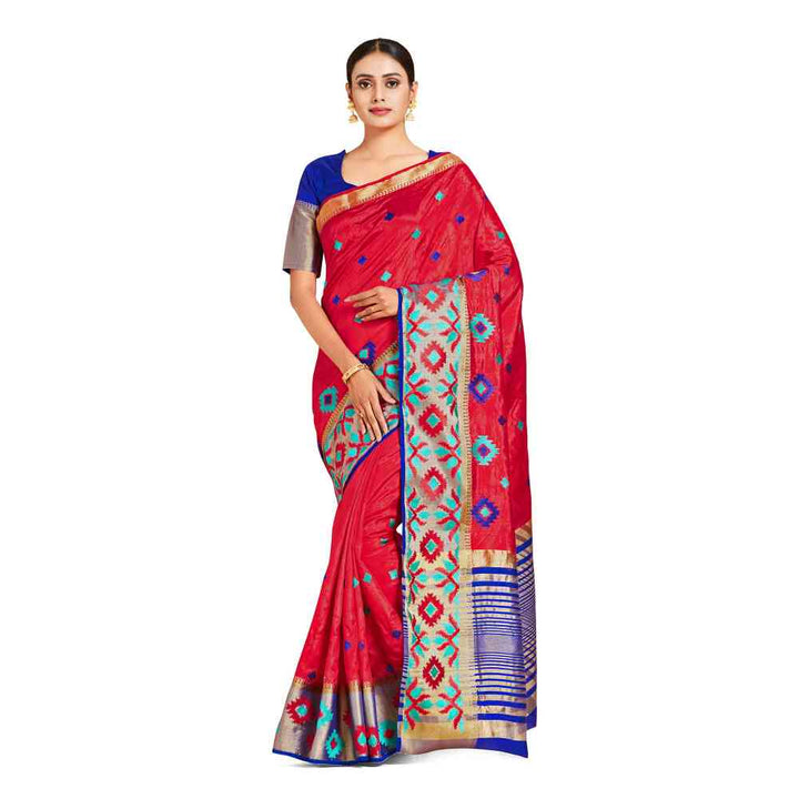 Mimosa Red Kanjivaram Style Art Silk Saree  With Unstitched Blouse