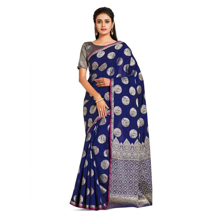 Mimosa Navy Blue Kanjivaram Style Art Silk Saree  With Unstitched Blouse