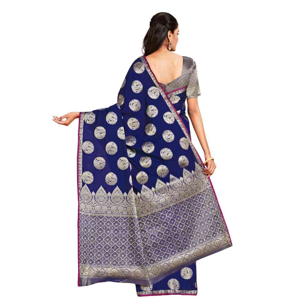 Mimosa Navy Blue Kanjivaram Style Art Silk Saree  With Unstitched Blouse