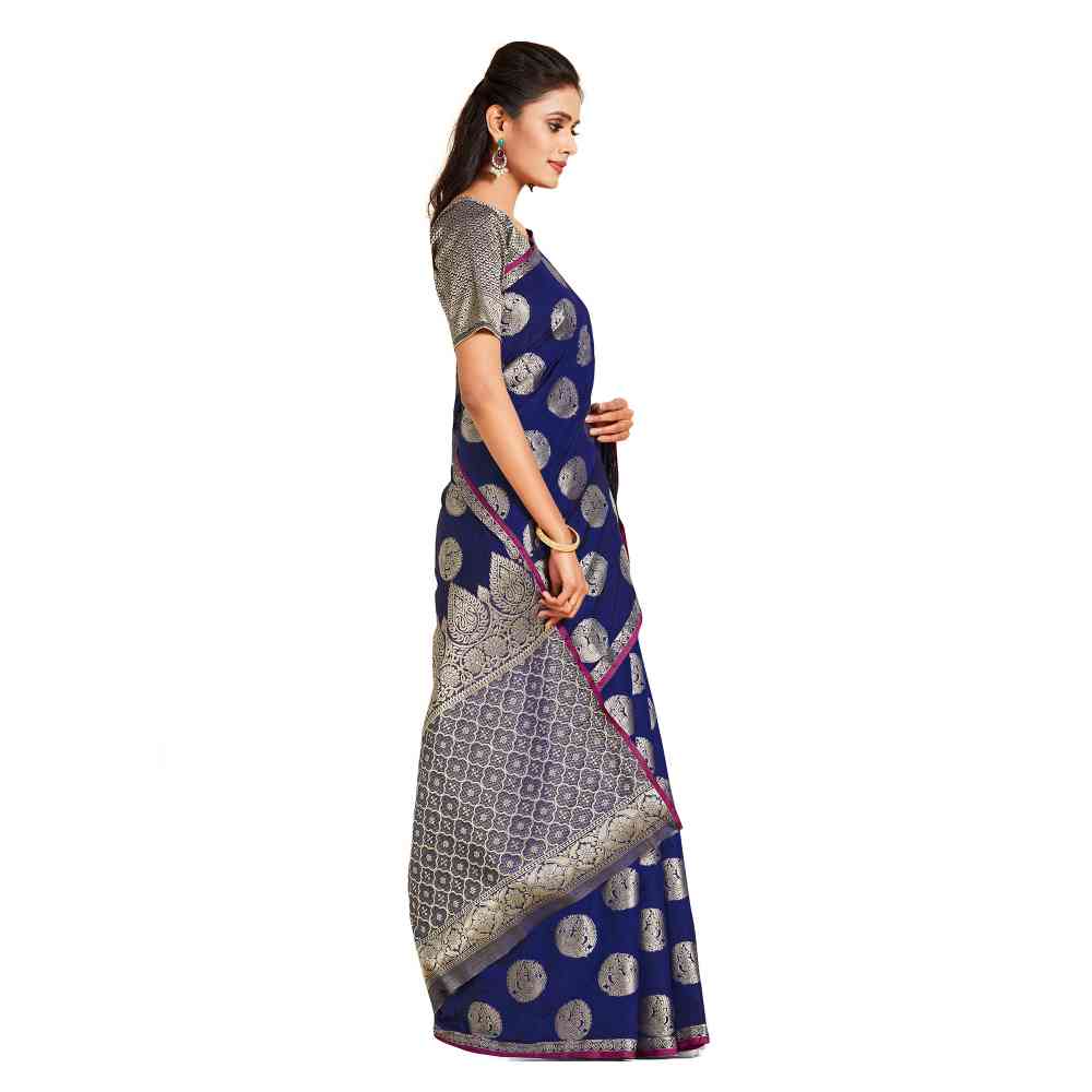 Mimosa Navy Blue Kanjivaram Style Art Silk Saree  With Unstitched Blouse