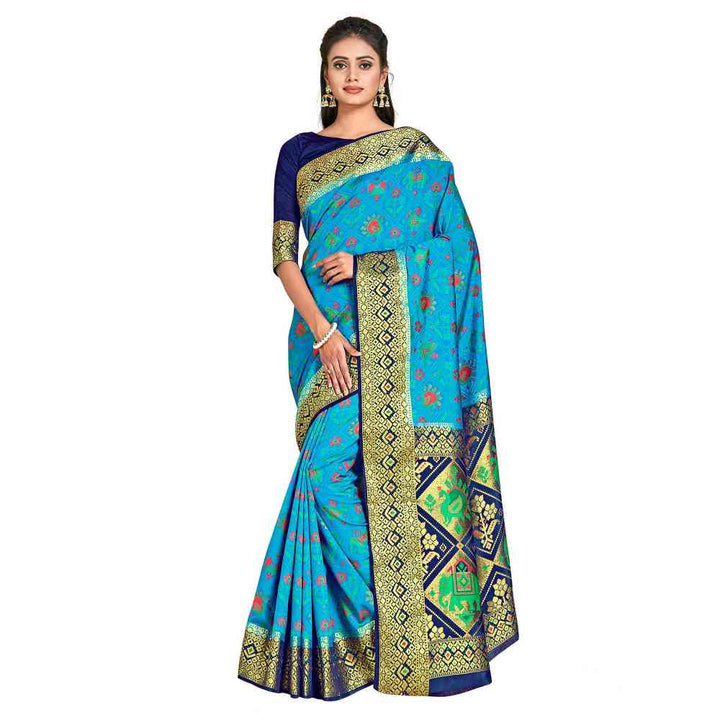 Mimosa Blue Patola Style Art Silk Saree  With Unstitched Blouse