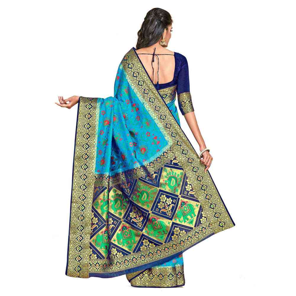 Mimosa Blue Patola Style Art Silk Saree  With Unstitched Blouse