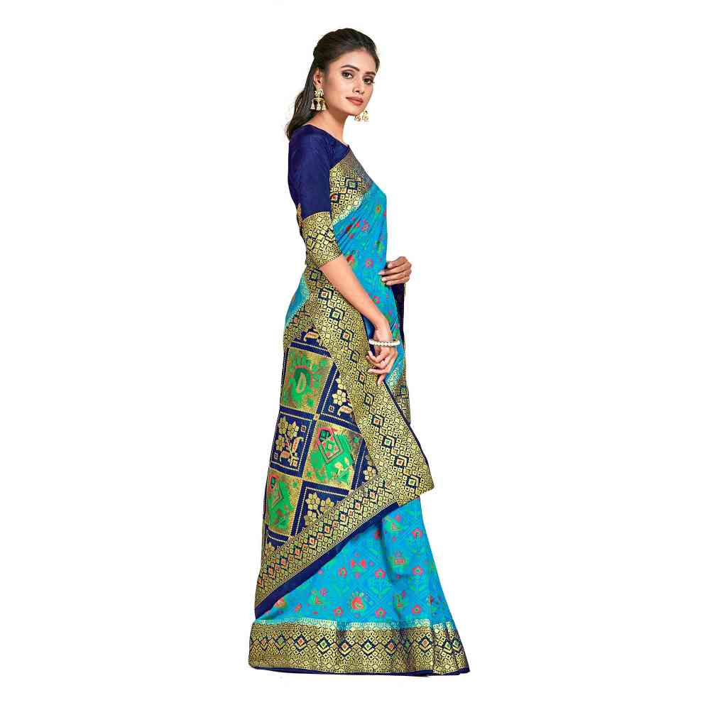 Mimosa Blue Patola Style Art Silk Saree  With Unstitched Blouse