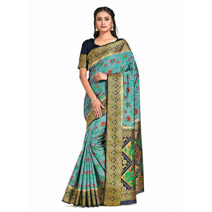 Mimosa Blue Patola Style Art Silk Saree  With Unstitched Blouse