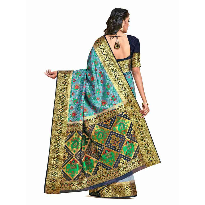 Mimosa Blue Patola Style Art Silk Saree  With Unstitched Blouse