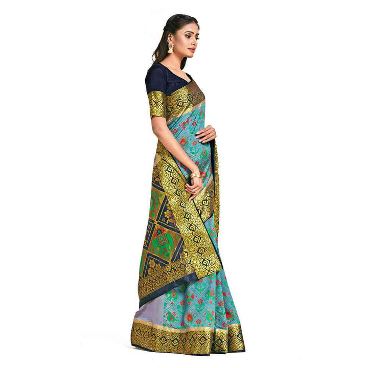 Mimosa Blue Patola Style Art Silk Saree  With Unstitched Blouse