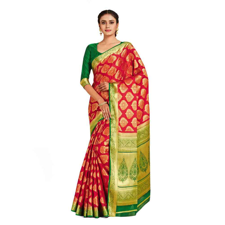 Mimosa Red Mysore Silk Style Crepe Saree  With Unstitched Blouse