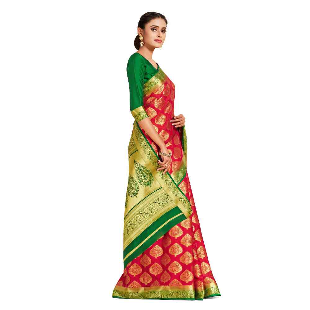 Mimosa Red Mysore Silk Style Crepe Saree  With Unstitched Blouse