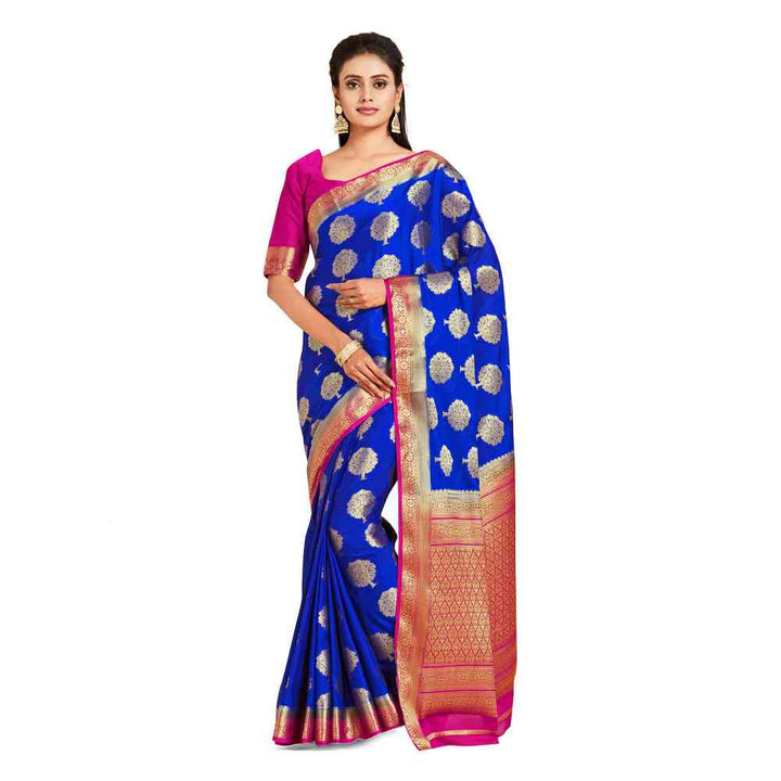 Mimosa Blue Mysore Silk Style Crepe Saree  With Unstitched Blouse