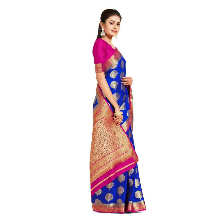 Mimosa Blue Mysore Silk Style Crepe Saree  With Unstitched Blouse