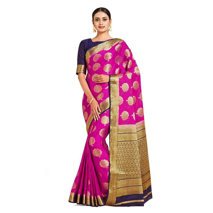 Mimosa Pink Mysore Silk Style Crepe Saree  With Unstitched Blouse