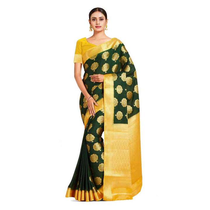 Mimosa Green Mysore Silk Style Crepe Saree  With Unstitched Blouse