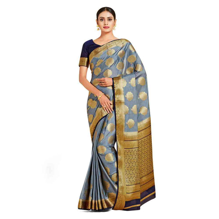 Mimosa Grey Mysore Silk Style Crepe Saree  With Unstitched Blouse