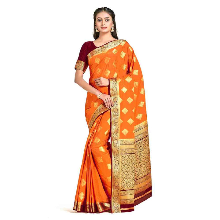 Mimosa Orange Mysore Silk Style Crepe Saree  With Unstitched Blouse