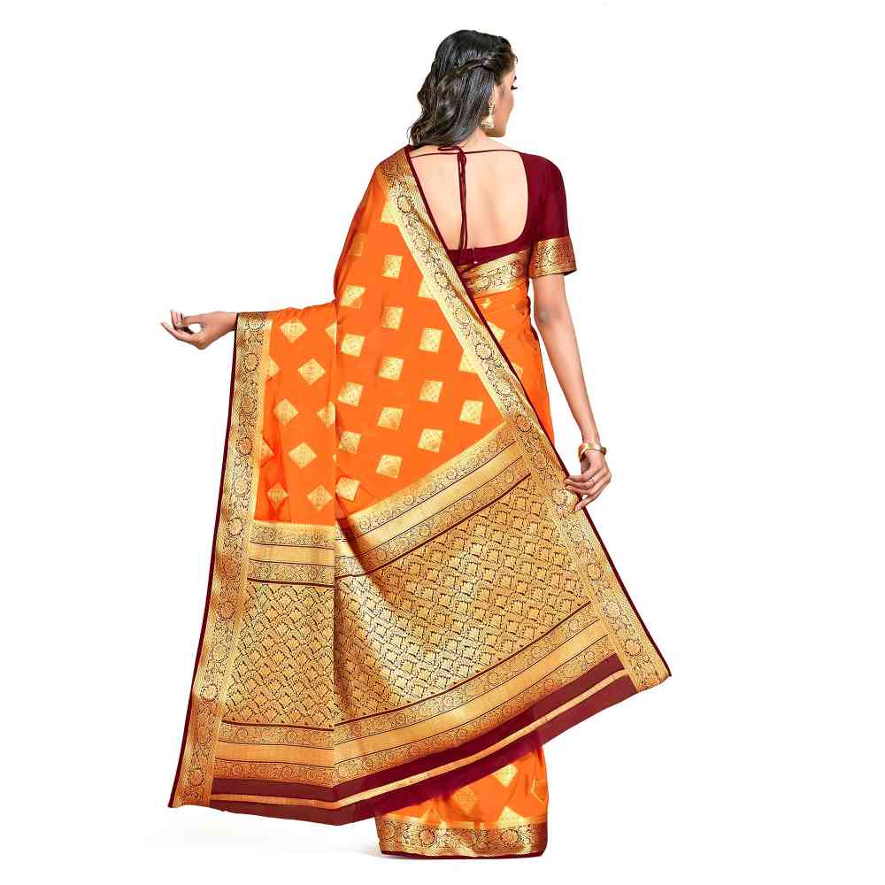 Mimosa Orange Mysore Silk Style Crepe Saree  With Unstitched Blouse