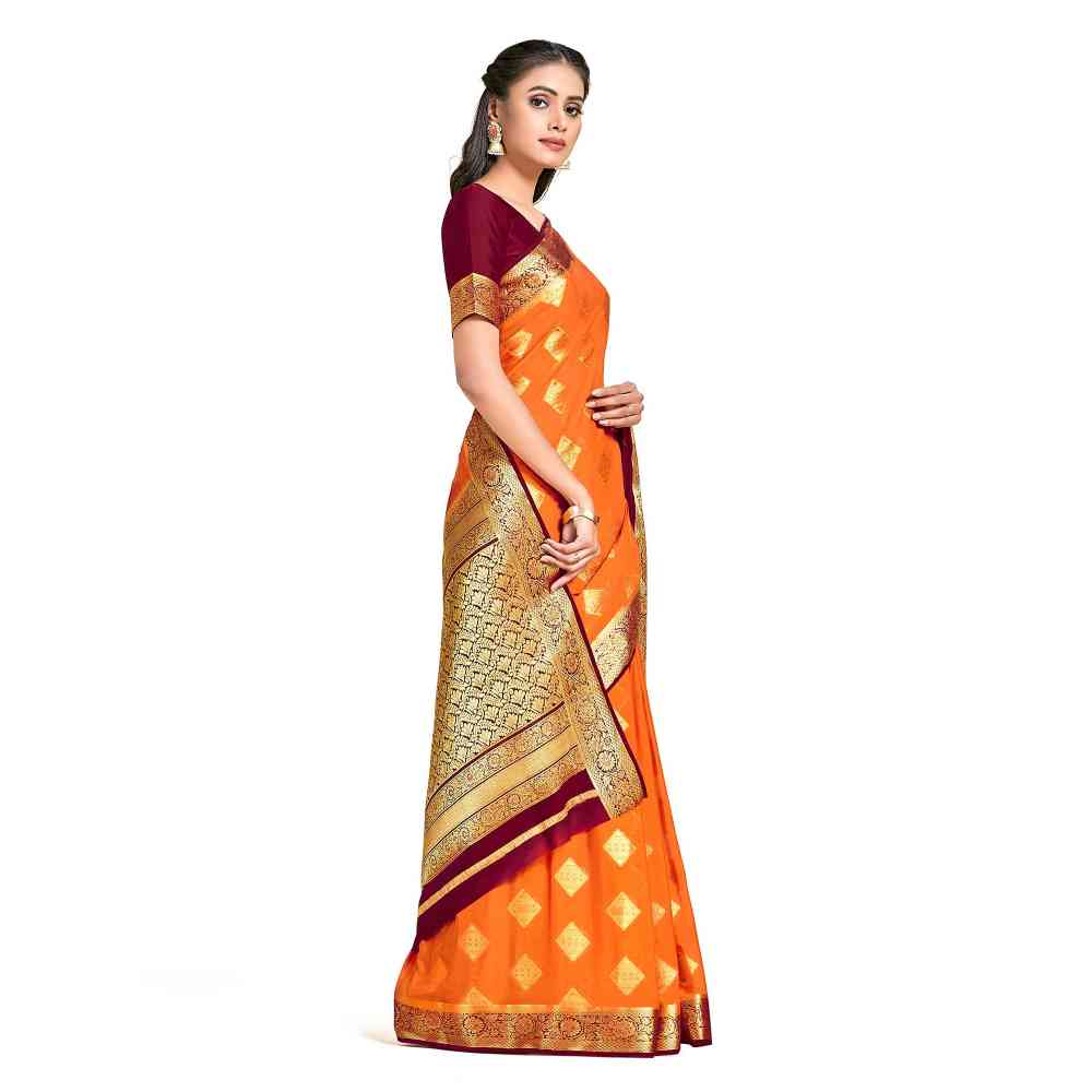 Mimosa Orange Mysore Silk Style Crepe Saree  With Unstitched Blouse