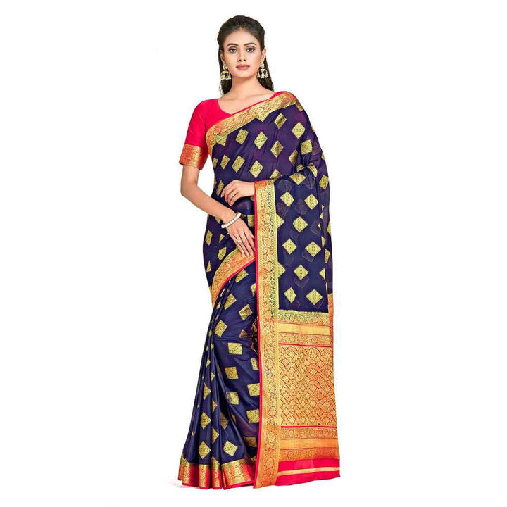 Mimosa Navy Blue Mysore Silk Style Crepe Saree  With Unstitched Blouse