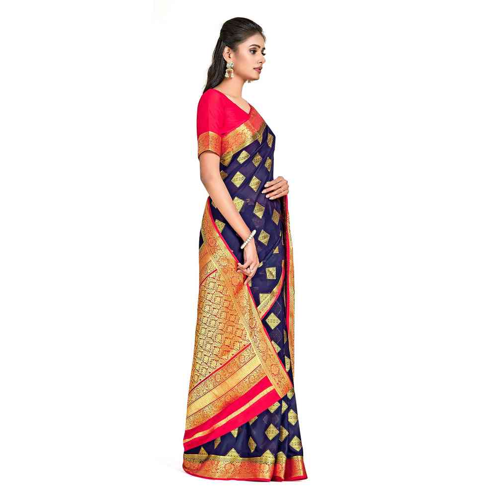 Mimosa Navy Blue Mysore Silk Style Crepe Saree  With Unstitched Blouse