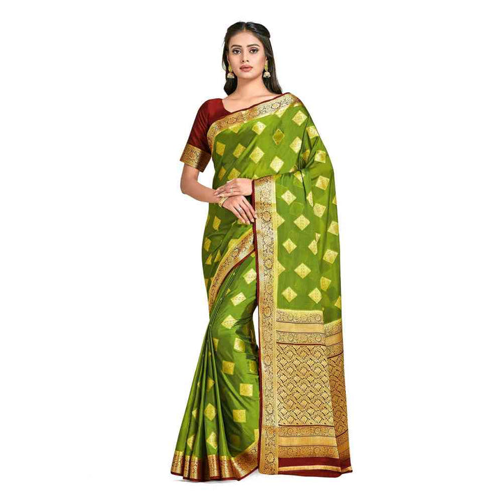 Mimosa Green Mysore Silk Style Crepe Saree  With Unstitched Blouse