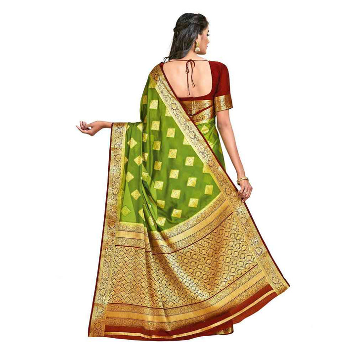 Mimosa Green Mysore Silk Style Crepe Saree  With Unstitched Blouse