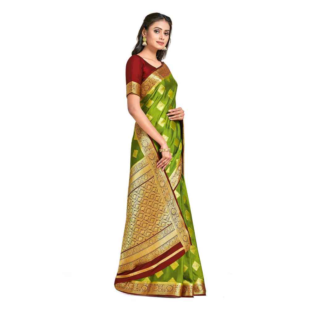 Mimosa Green Mysore Silk Style Crepe Saree  With Unstitched Blouse