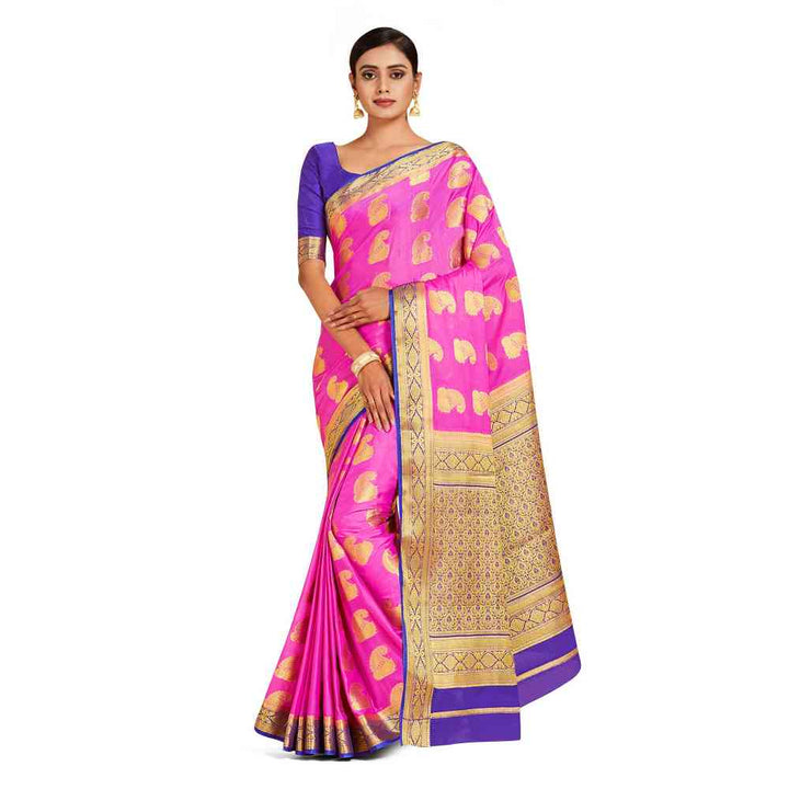 Mimosa Pink Mysore Silk Style Crepe Saree  With Unstitched Blouse