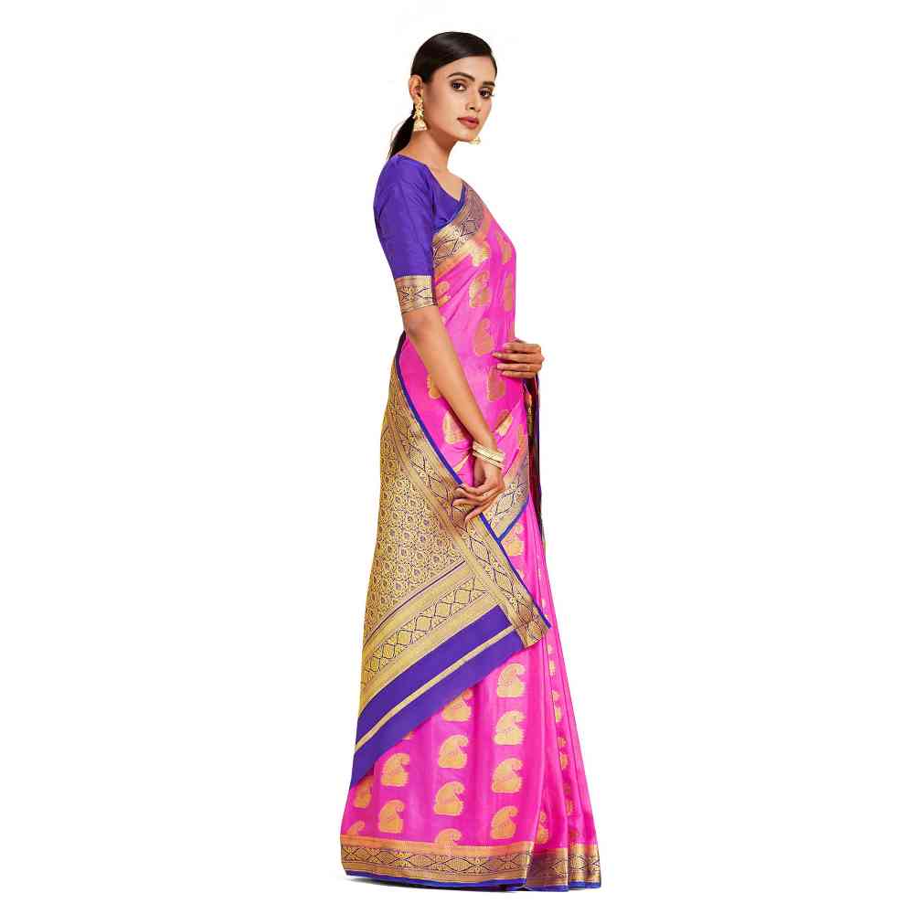 Mimosa Pink Mysore Silk Style Crepe Saree  With Unstitched Blouse