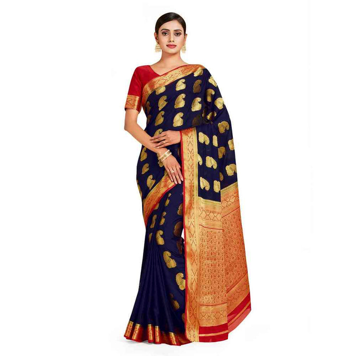 Mimosa Navy Blue Mysore Silk Style Crepe Saree  With Unstitched Blouse