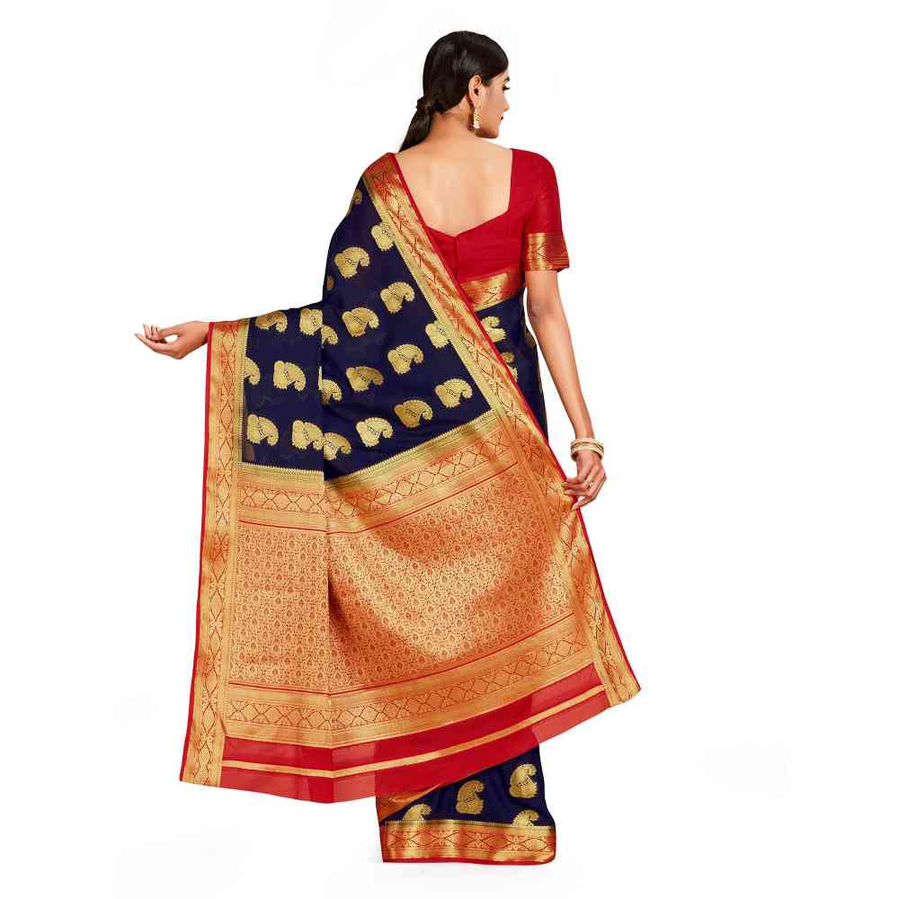 Mimosa Navy Blue Mysore Silk Style Crepe Saree  With Unstitched Blouse