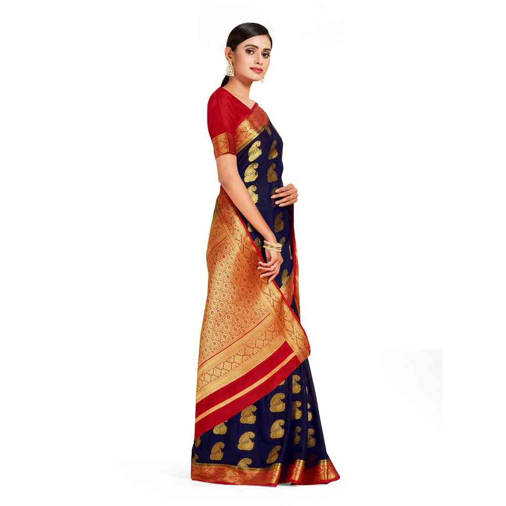 Mimosa Navy Blue Mysore Silk Style Crepe Saree  With Unstitched Blouse