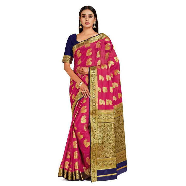 Mimosa Pink Mysore Silk Style Crepe Saree  With Unstitched Blouse