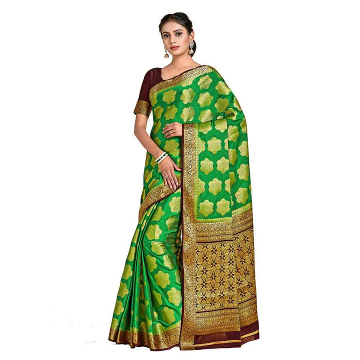 Mimosa Green Mysore Silk Style Crepe Saree  With Unstitched Blouse