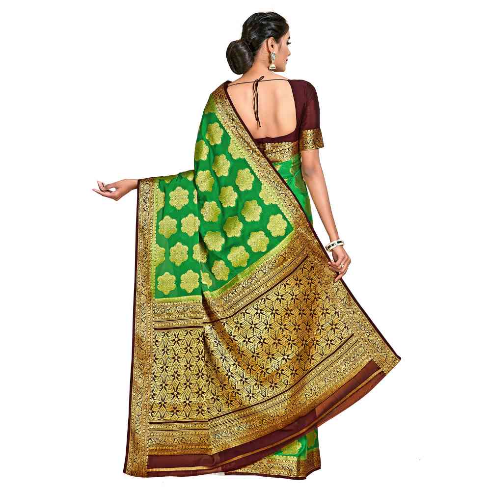 Mimosa Green Mysore Silk Style Crepe Saree  With Unstitched Blouse